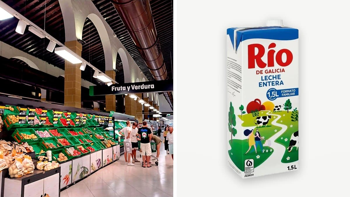 Botellas y cartones de leche refrigerados en estantería de supermercado con iluminación azulada