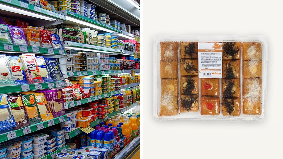Estantería de supermercado con espacios vacíos y una única caja olvidada al fondo, iluminación cálida nostálgica