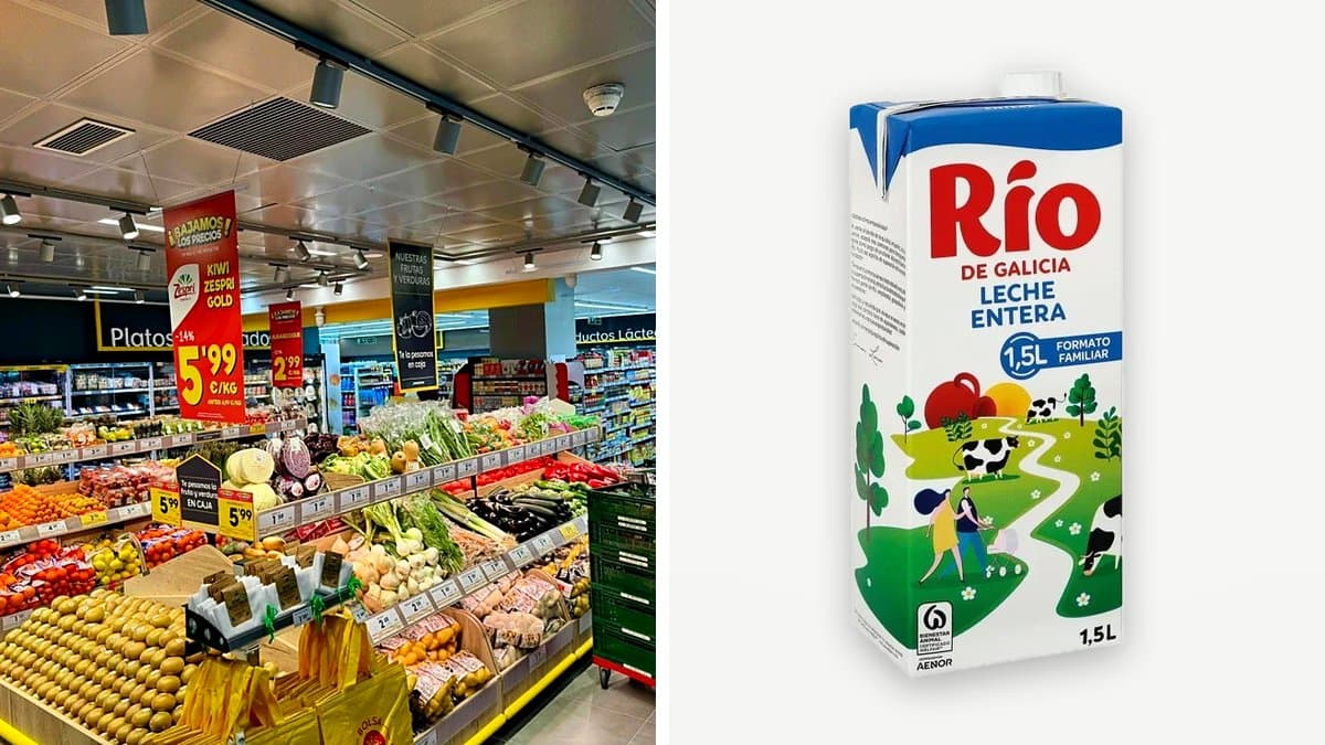 Mano extendida hacia un brick de leche semidesnatada en la nevera refrigerada de un supermercado español, rodeada de otros cartones de diferentes marcas.