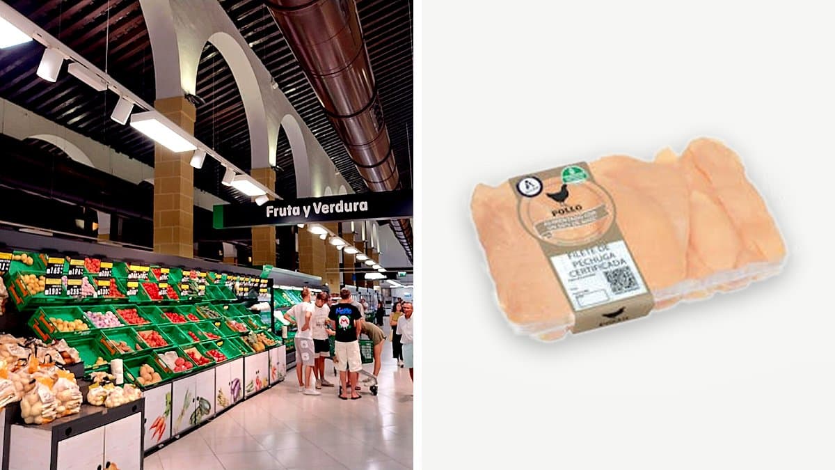 Bandeja de filetes de pechuga de pollo fresco en nevera de supermercado, iluminación cálida, presentación fotojournalismo editorial