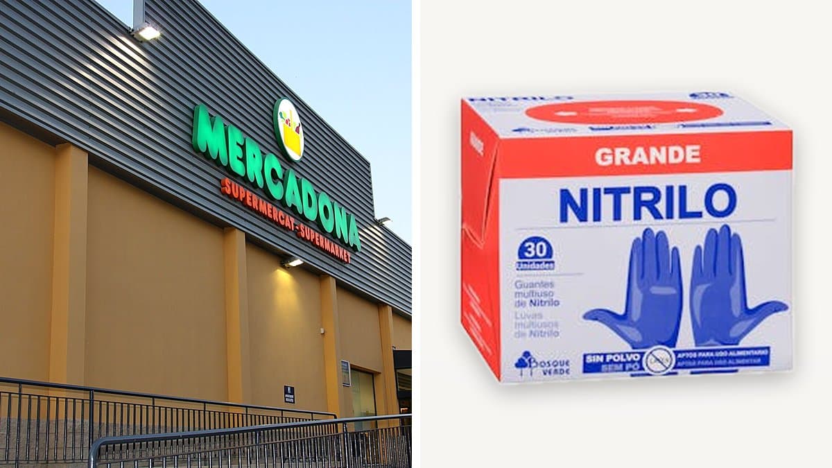 Caja de guantes de nitrilo azul de Bosque Verde en encimera de cocina, con un guante extractado, fondo neutro limpio