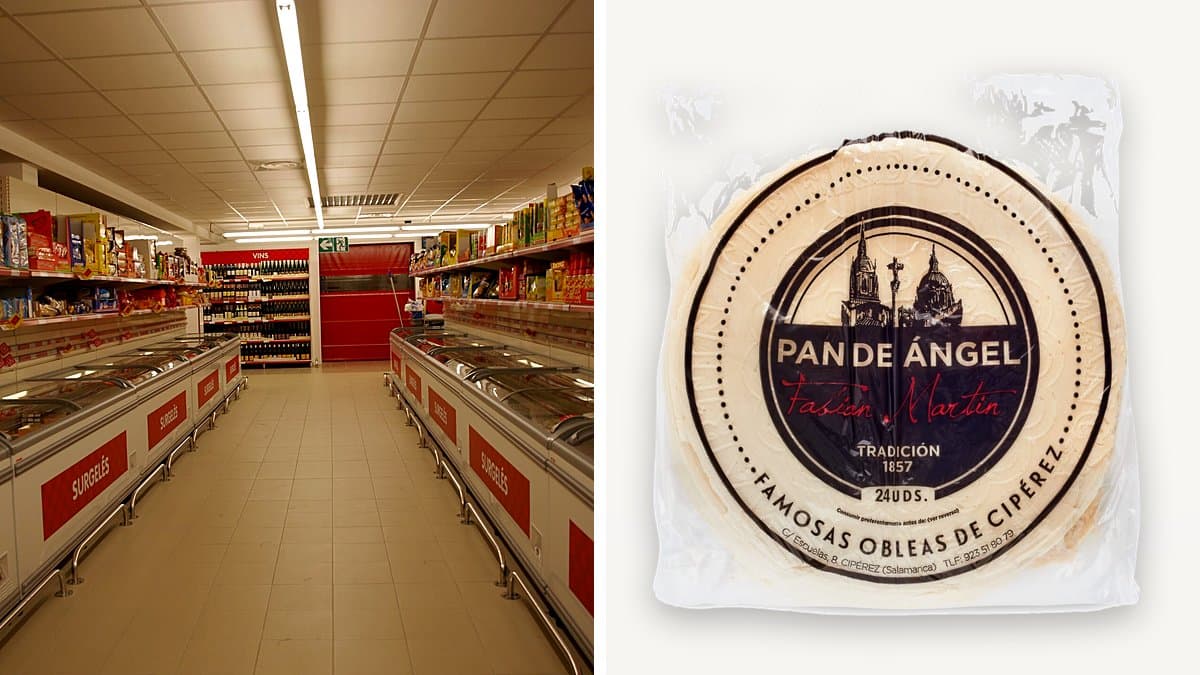 Obleas Pan de ángel en el lineal de pan tostado de Día, con luz cinematic suave y fotografía editorial