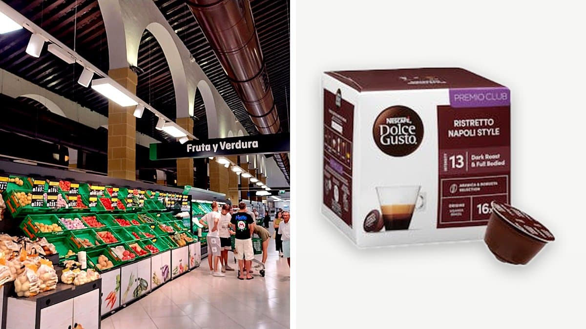 Cápsulas de café ristretto Napoli de Dolce Gusto derramándose de una caja abierta junto a una máquina de espresso, mostrador de cocina con luz matinal.