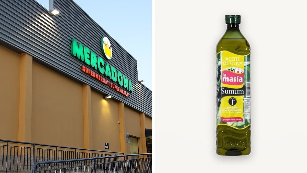 Estantería de supermercado con garrafas y botellas de aceite de oliva, mano de cliente alcanzando una, etiquetas de precio visibles, iluminación natural del establecimiento