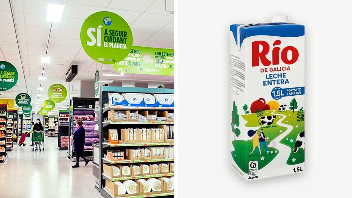 Estantería de nevera de supermercado con bricks de leche variados, mano de cliente extrayendo un cartón de leche fresca.