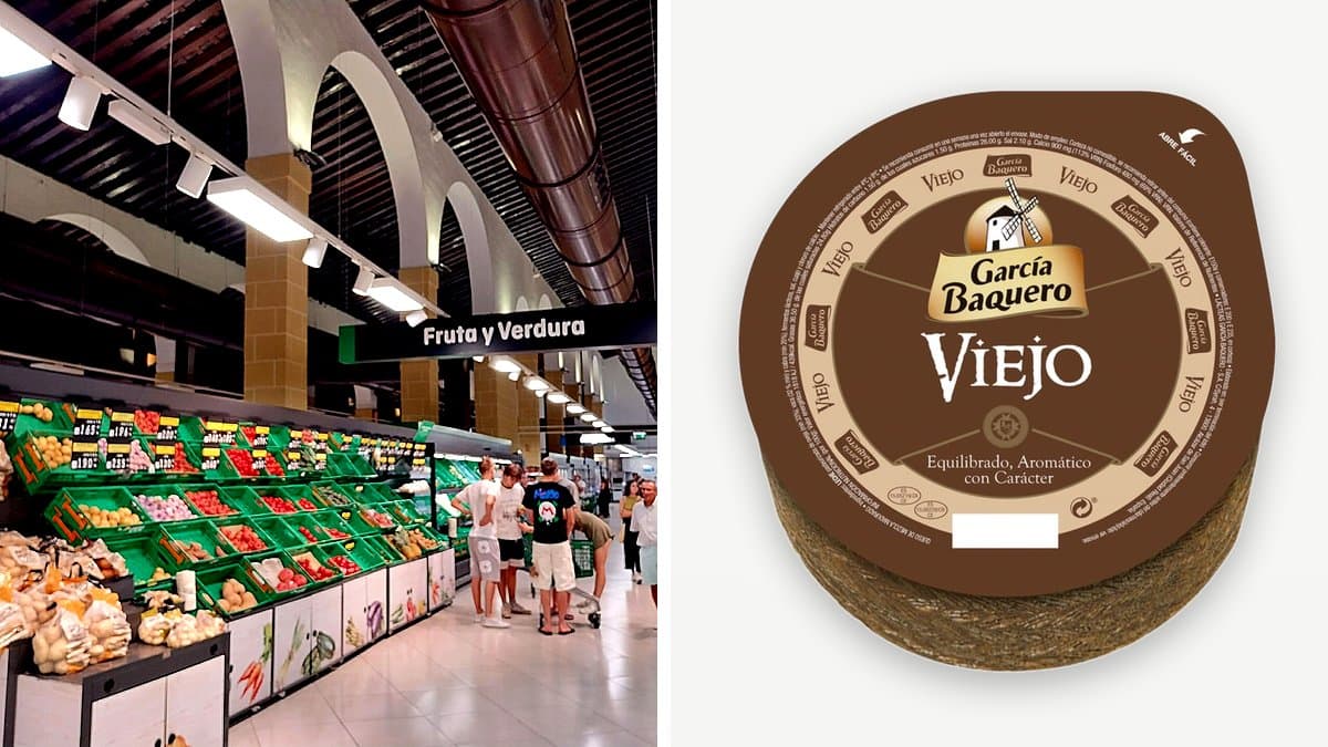 Mano de comprador alcanzando producto a altura del ojo en estantería de supermercado, con artículos de distintos precios en cada nivel.