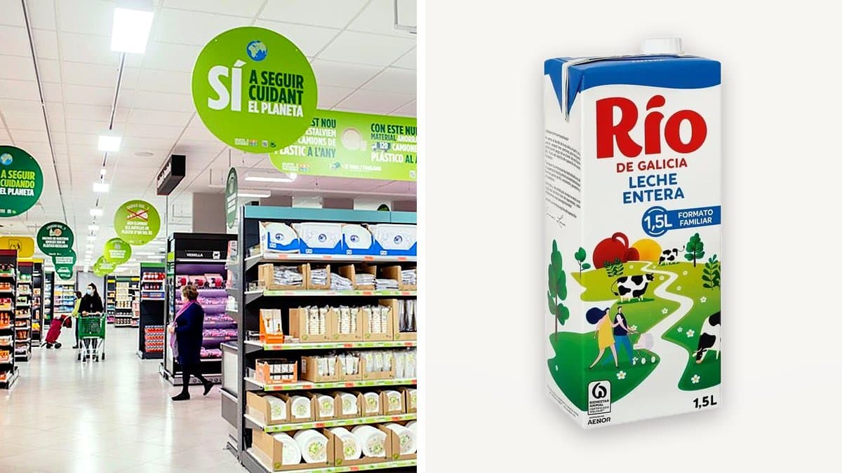 Smartphone de mil euros en primer plano junto a un brick de leche en estantería de supermercado, contraste de valores, iluminación retail cálida