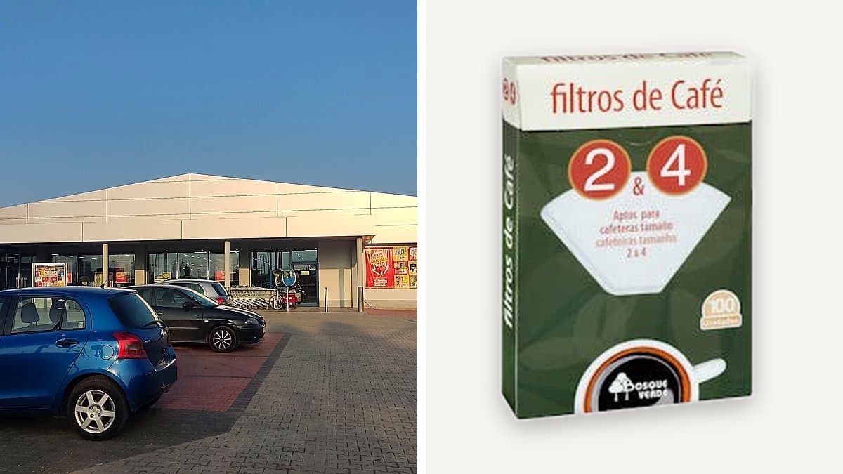 Caja de filtros de café Bosque Verde tamaño 2 y 4 junto a cafetera de goteo de cristal con café recién hecho y luz matinal cálida en la cocina.