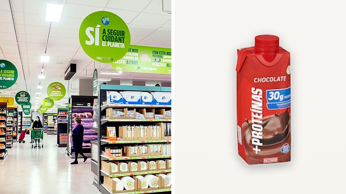Brick de batido de chocolate con proteínas de Hacendado en estante refrigerado de Mercadona con condensación de frío
