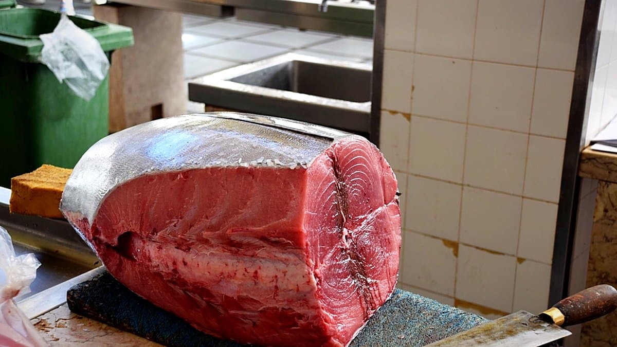 Mano alcanzando bandeja de carne en pasillo refrigerado con congelador al fondo, atardecer de fin de agosto