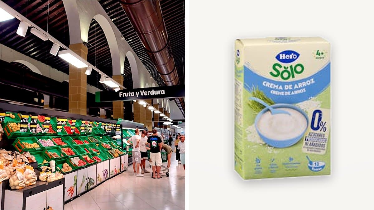 Caja de papilla de crema de arroz Hero Baby junto a un cuenco de papilla suave, cuchara de alimentación infantil y bib rosa en mesa de cocina, con luz natural suave