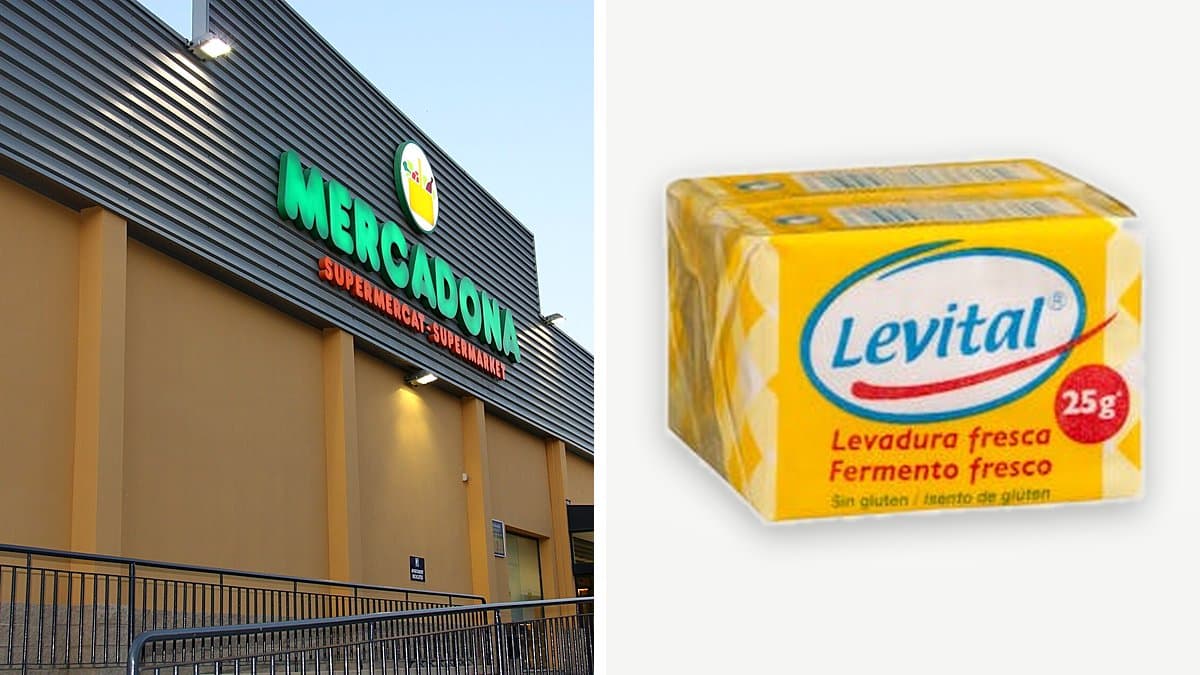Levadura fresca Levital junto a masa en fermentación, harina y tabla de madera en cocina con luz natural.
