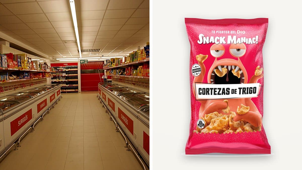 Bolsa de cortezas de trigo Dia Snack Maniac en estantería de supermercado con etiqueta de precio