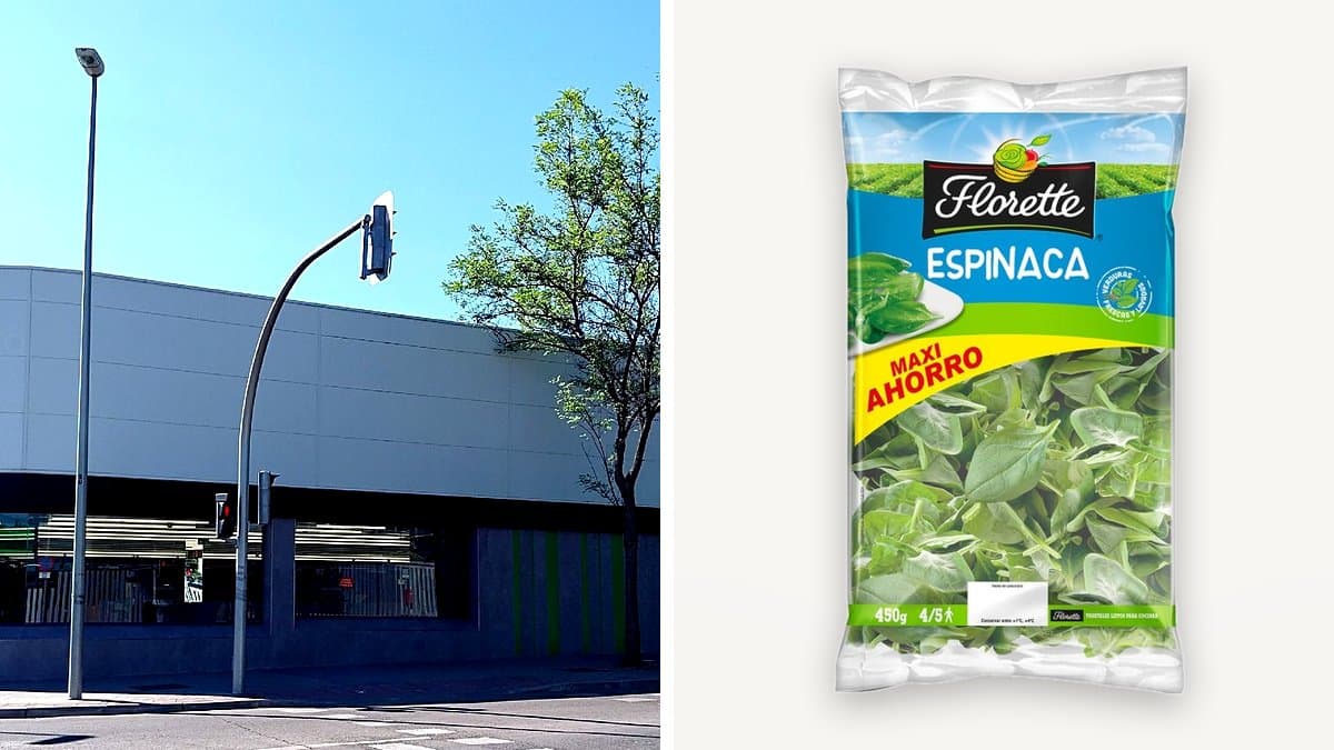 Dos manos sosteniendo un paquete de producto de marca y otro de marca blanca en el lineal de un supermercado, etiquetas de precio desenfocadas al fondo
