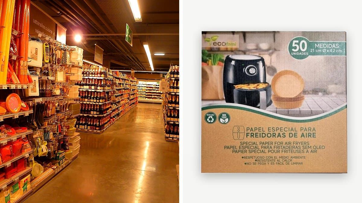 Papel molde redondo para freidora de aire Fami junto a freidora de aire en cocina moderna con luz natural