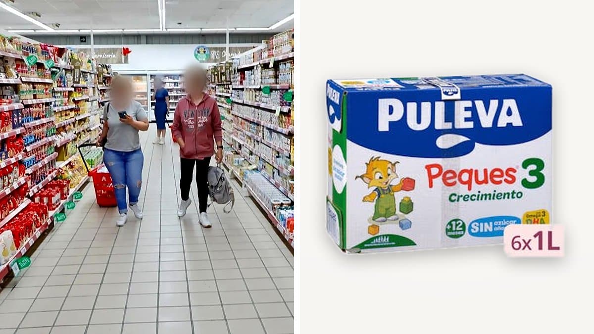 Preparado lácteo Peques 3 Puleva en pack de seis litros sobre mesa de cocina junto a biberón infantil y cuenco pequeño, luz natural de tarde