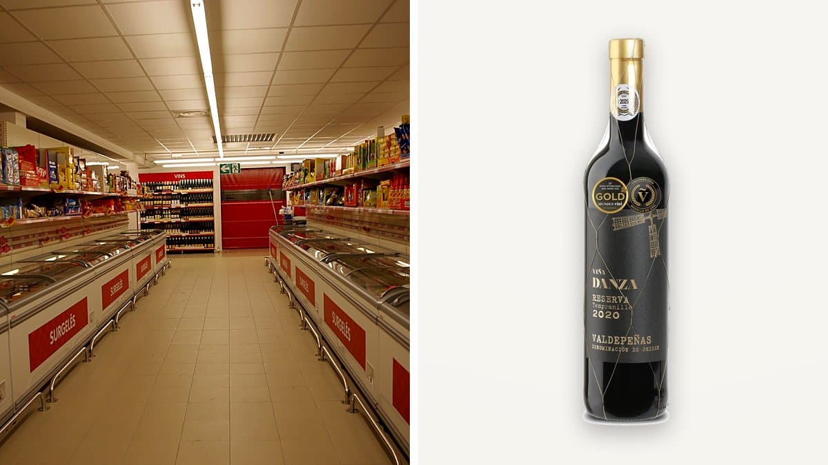 Botella de vino tinto reserva Viña Danza D.O. Valdepeñas de 75 cl en el lineal de Día, etiqueta clásica