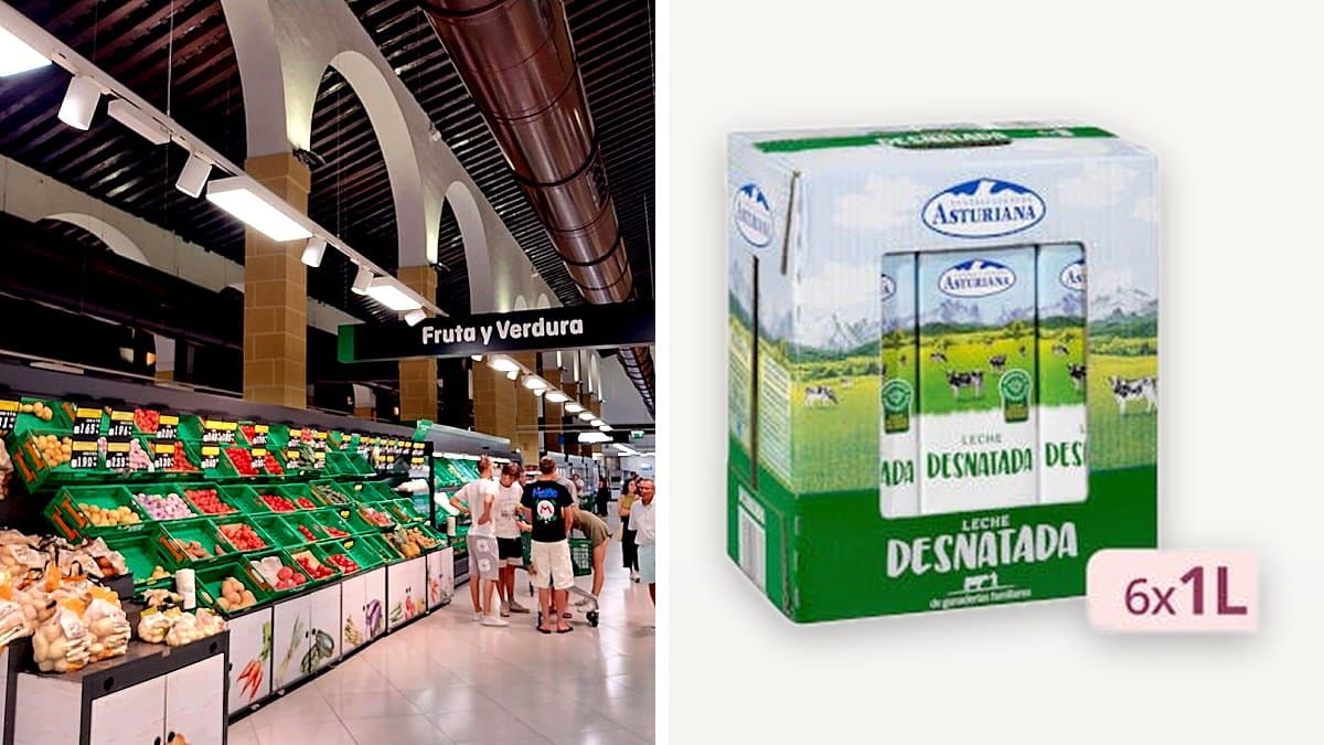Pack de cartón de leche desnatada Asturiana en la estantería de Mercadona, un cliente cogiendo un envase