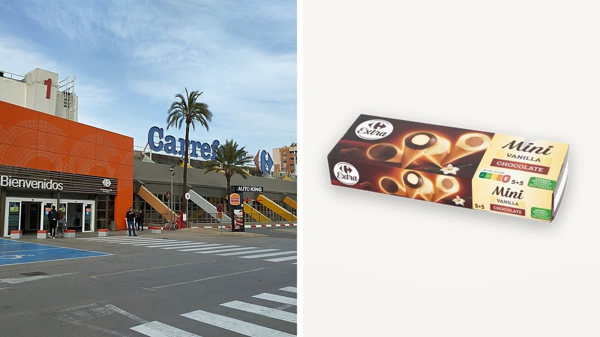 Caja de mini conos de chocolate negro y blanco en estante congelado de supermercado con iluminación fría.