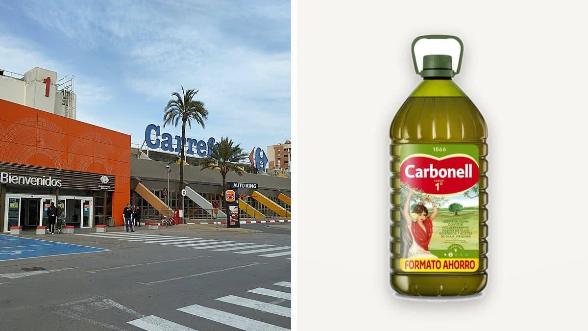 Garrafa de cinco litros de aceite de oliva Carbonell en estantería de supermercado con etiqueta de precio borrosa