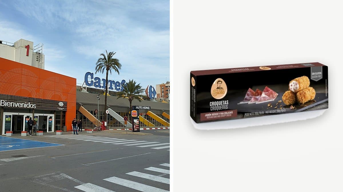 Bandeja de croquetas de jamón sin gluten de La Cocina de Senén en estante de congelados, etiqueta visible