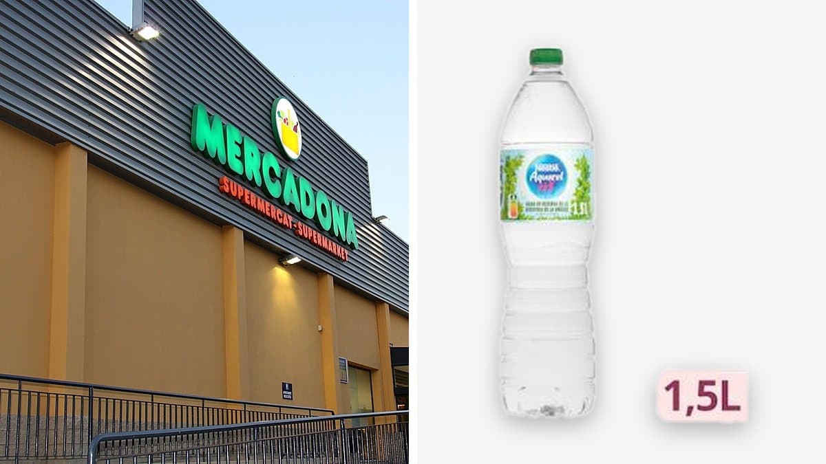 Botella de 1,5 litros de agua mineral Nestlé Aquarel en estantería de supermercado con filas de botellas idénticas al fondo, gotas de condensación, iluminación retail clara.
