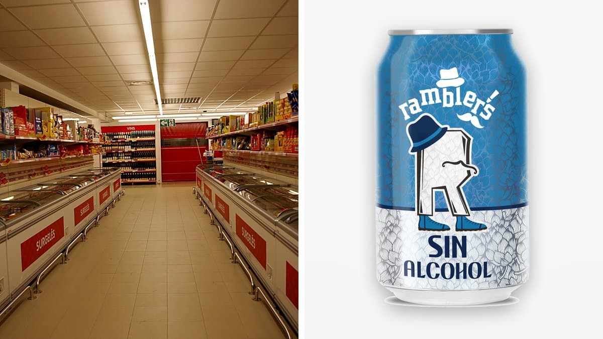 Botellas de cerveza sin alcohol 33 cl en estantería de supermercado, una adelantada, etiqueta de precio desenfocada.