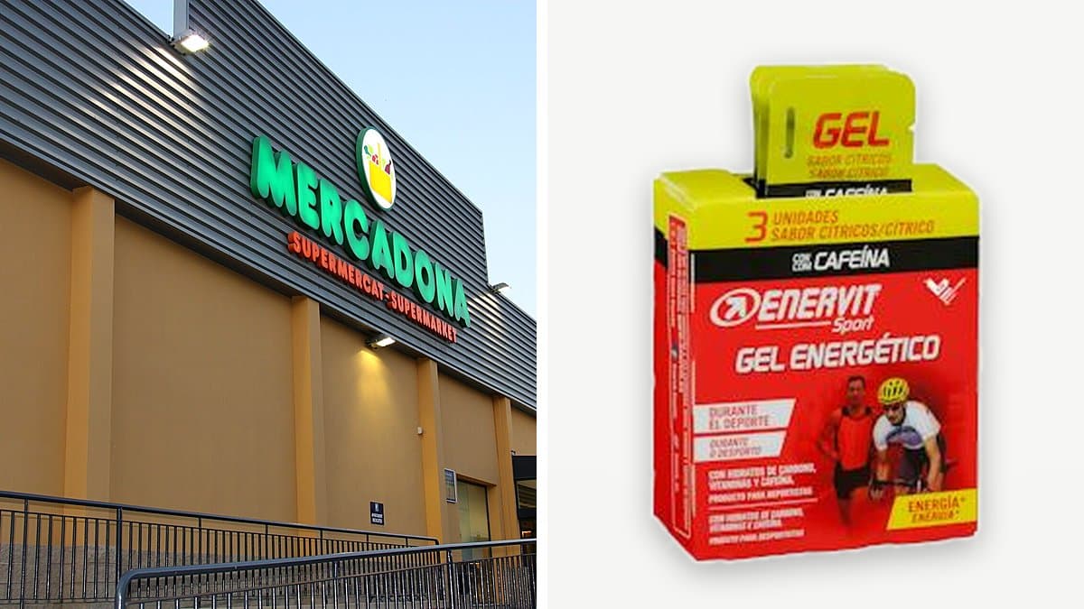 Pack de tres geles energéticos Enervit con cafeína disponible en Mercadona. Suplemento de nutrición deportiva para corredores en otoño.