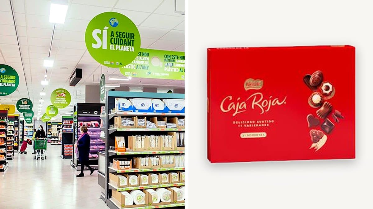 Caja de bombones Caja Roja Nestlé posicionada entre los lineales de Mercadona y Carrefour