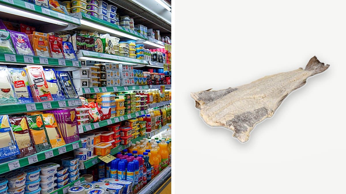 Sección de alimentos de un supermercado nórdico con productos frescos y etiquetas de precios, iluminación clara y minimalista