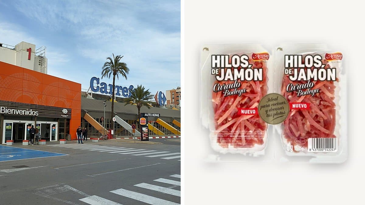 Pack de dos bolsitas de Hilos de Jamón curado Jamones Arroyo de Carrefour en estantería de embutidos, mano llegando para coger una bolsita.
