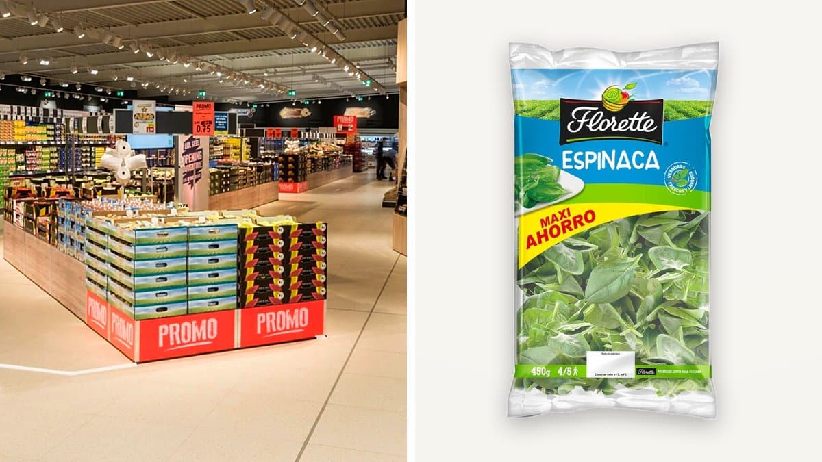 Dos productos similares en estantería: uno de marca blanca y otro de marca clásica, lado a lado, luz natural de supermercado
