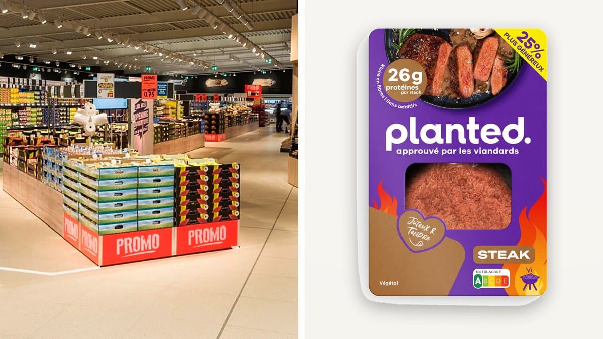 Steak vegetal de Planted preparado en plato con acompañamientos vegetales, listo para servir
