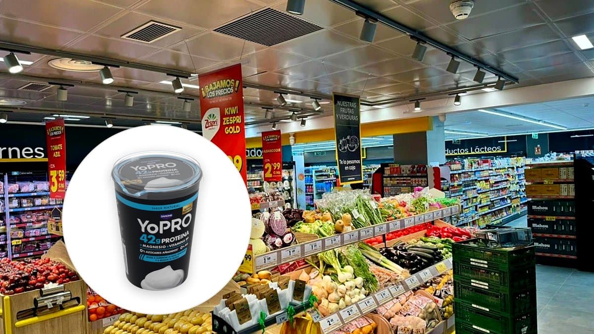 Bote de 450 gramos de yogur proteico natural YoPro de Danone sobre una mesa de desayuno con luz natural matutina