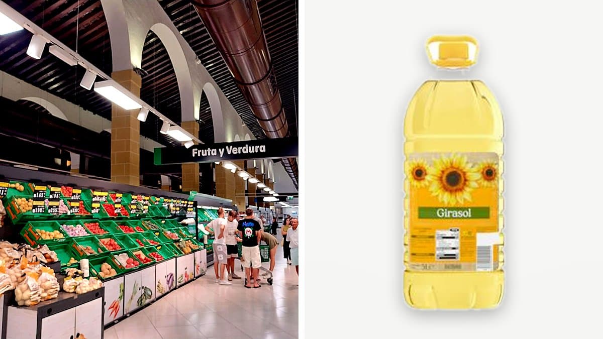 Botella de aceite de girasol Hacendado de 5 litros en el lineal de Mercadona junto a otros aceites