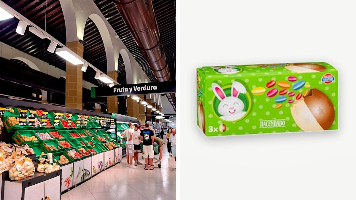 Cartones de huevos frescos apilados en el lineal del supermercado con iluminación editorial suave