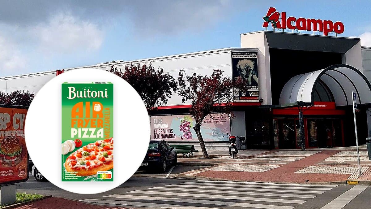 Pizza Buitoni Air fryer 195g junto a una freidora de aire moderna en encimera de cocina