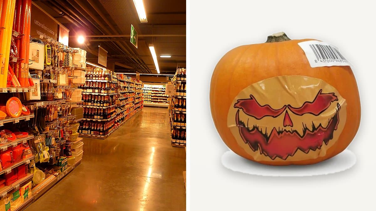 Calabaza de Halloween decorada en naranja y negro en exhibición de supermercado Carrefour