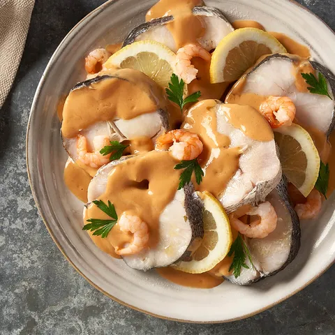 Bacalao en salsa de camarones — Muerde la Pasta