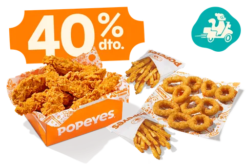 40% en 10 Tiras Crujientes + 2 Patatas Cajún + 10 Aros de Cebolla — Popeyes