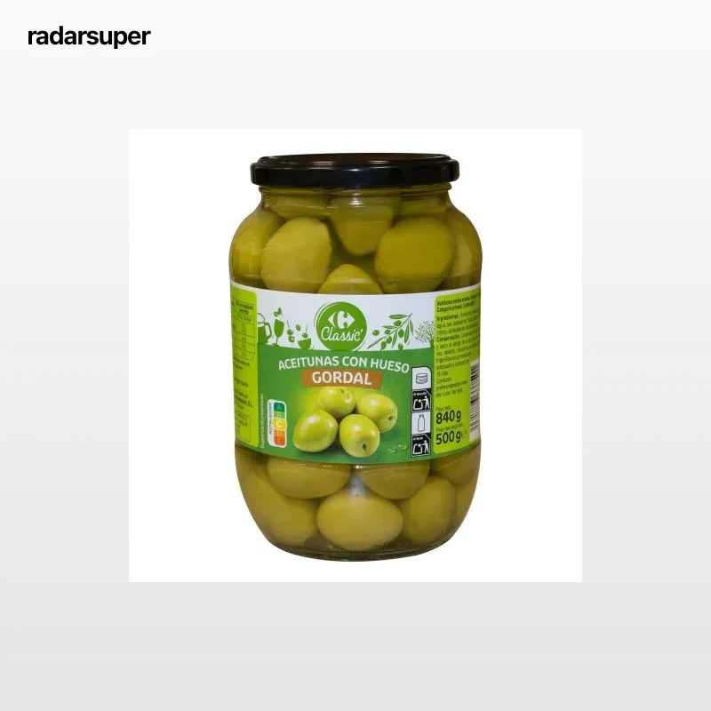 Aceituna gordal aliñada con hueso Classic Carrefour 500 g.