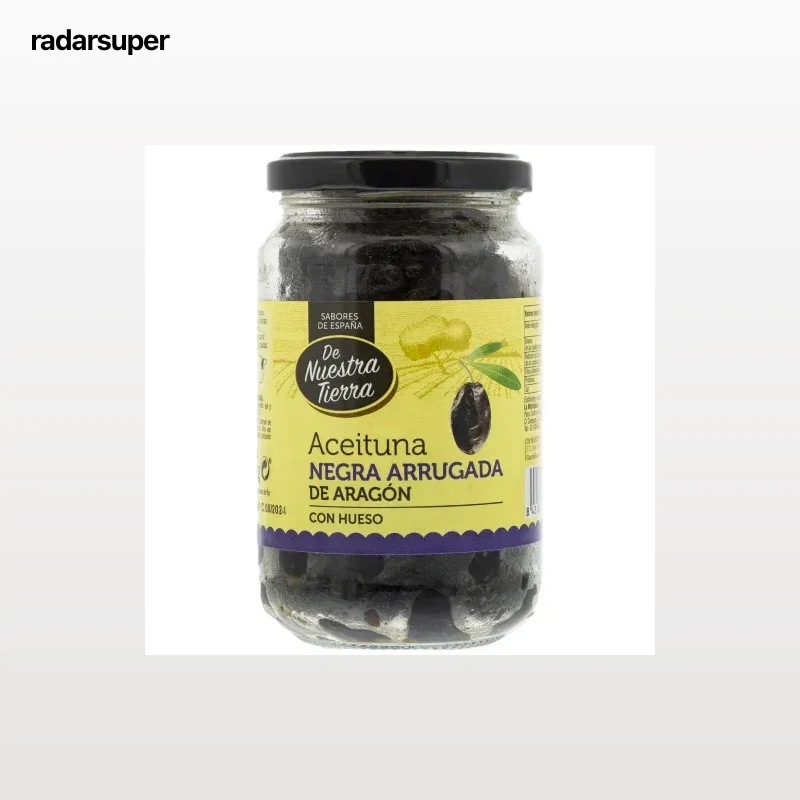 Aceituna negra arrugada de Aragón con hueso De Nuestra Tierra 220 g.
