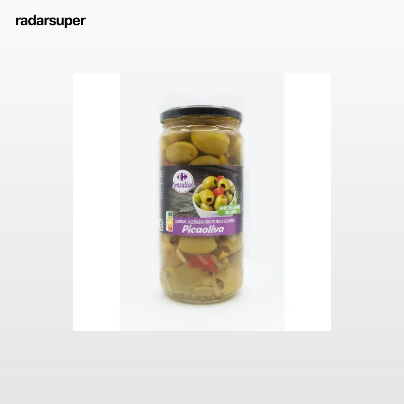 Aceituna sin hueso aliñada picante Picaoliva Sensation Carrefour 340 g.