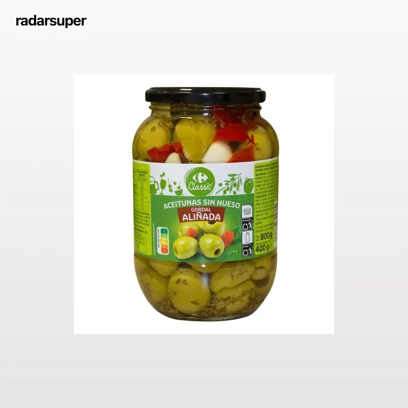 Aceitunas gordal aliñada sin hueso Classic Carrefour 400 g.