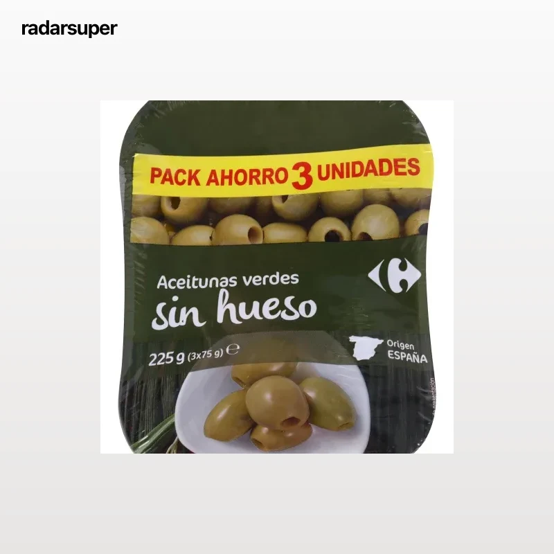 Aceitunas manzanilla sin hueso Carrefour pack de 3 unidades de 75 g.