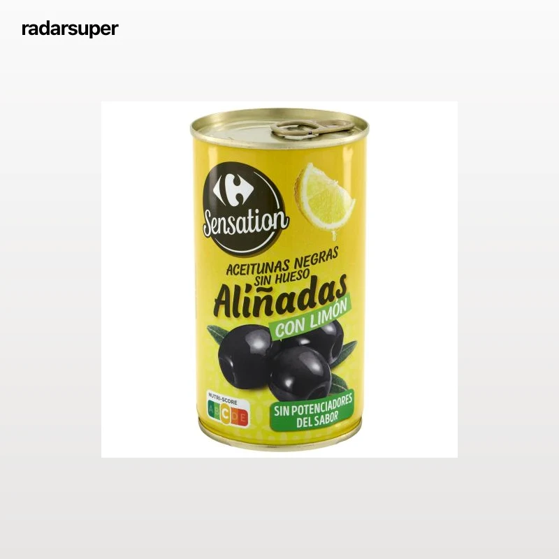 Aceitunas negras sin hueso aliñadas con limón Sensation Carrefour sin gluten 150 g.
