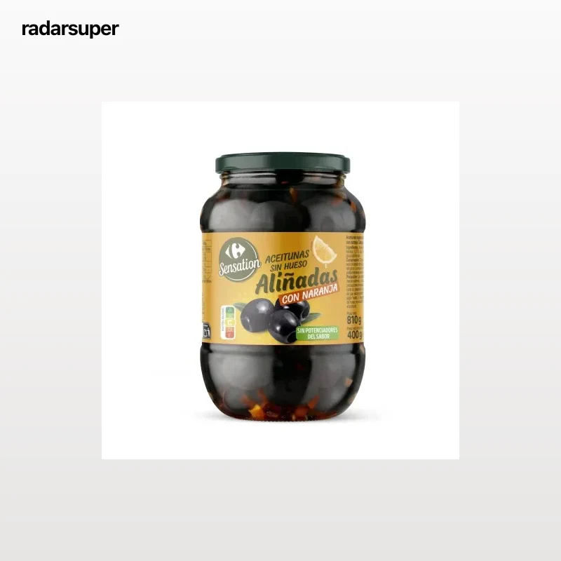 Aceitunas negras sin hueso aliñadas con naranja Sensation Carrefour sin gluten 400 g.