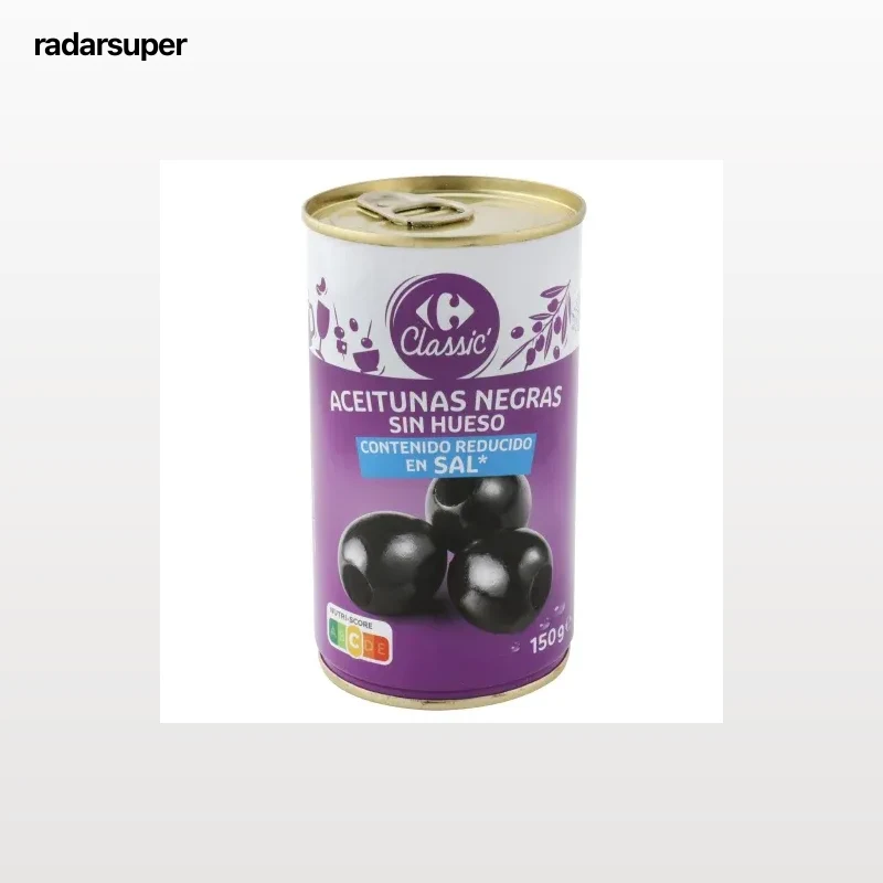 Aceitunas negras sin hueso bajo contenido en sal Classic Carrefour 150 g.