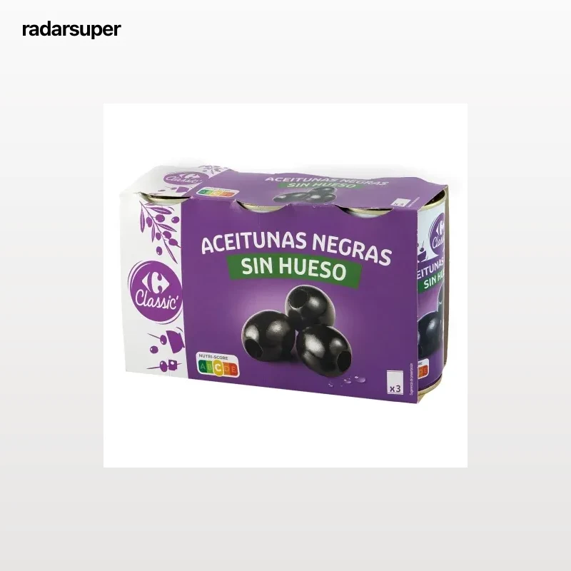 Aceitunas negras sin hueso Carrefour Classic' pack de 3 unidades de 150 g.