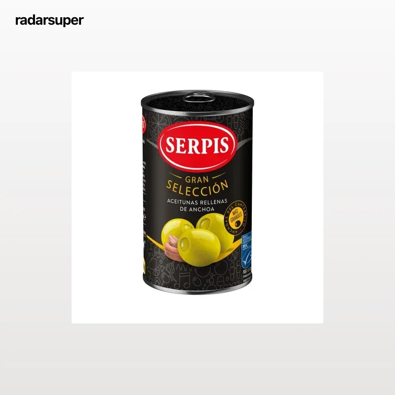 Aceitunas rellenas de anchoa Gran Selección Serpis sin gluten y sin lactosa 130 g.